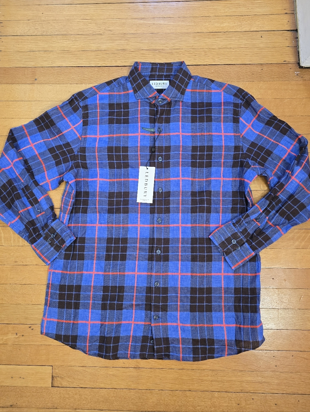 NWT, Ledbury Shirtmakers, Alden Plaid, Classic Fit, Blue & Red, Men's 16